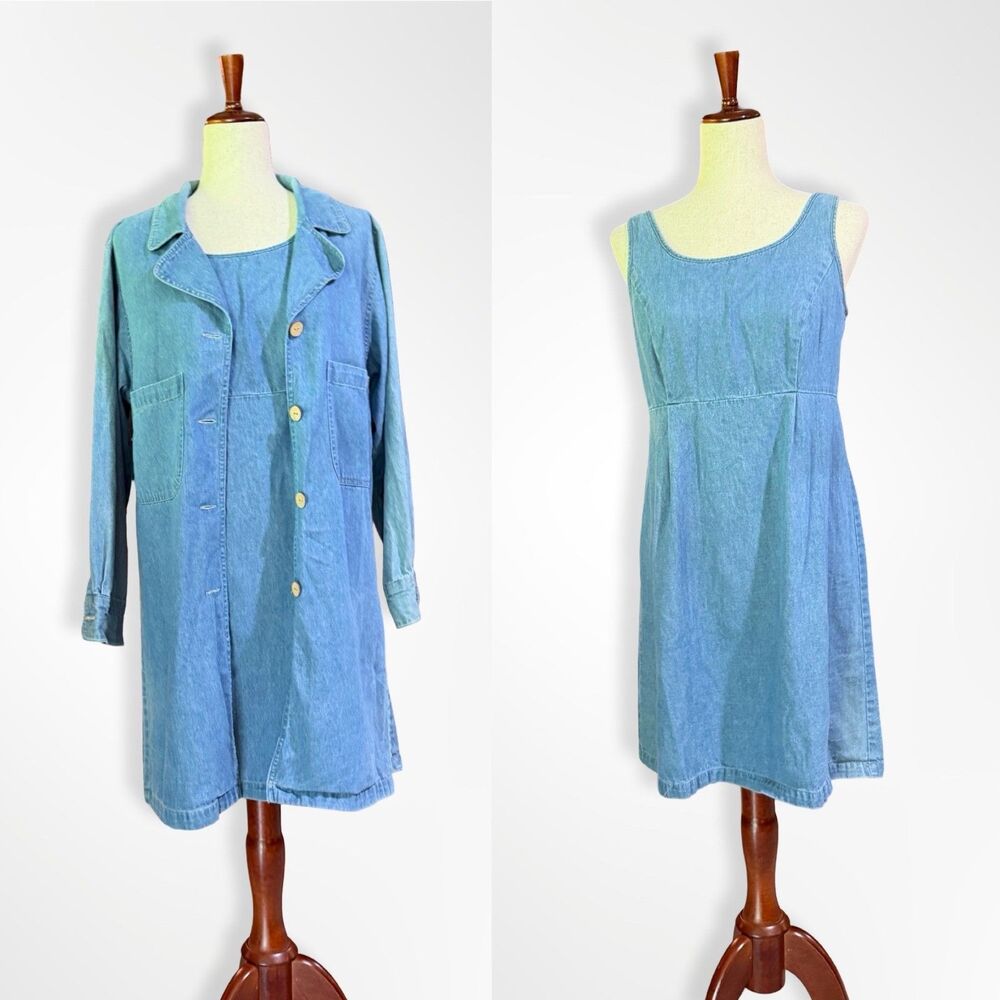 Robbie Bee, VTG 90s Denim Mini Dress Button Up Set, 6 Chambray 2 PC Butter Mom